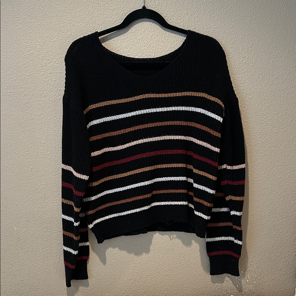Striped V-Neck Sweater - Black, White, Brown, Red
